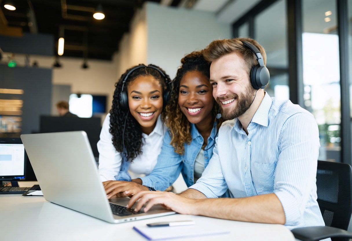 Equipe de atendimento ao cliente colaborando no computador